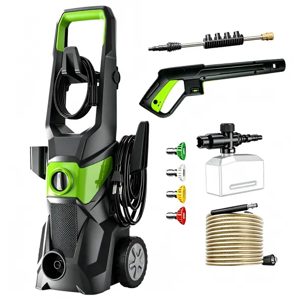 Handheld Portable Pressure Washer Full Set - Car Wash Equipment with Quick-Connects Kit (4 Nozzles), Foam Bottle, 5FT Power Cord, 7FT Hose, Connecting Adapter for Car/Fence/Driveway, Garden Cleaning Convenience & Storage