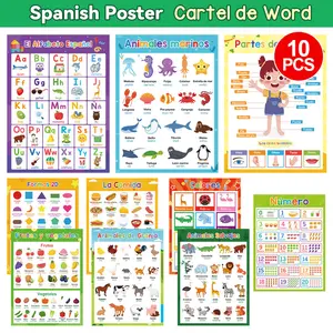 Spanish Learning Posters Set, 10 Pieces Educational Wall Art for Kids, Home Decor & Classroom Use, Back-To-School Decoration
