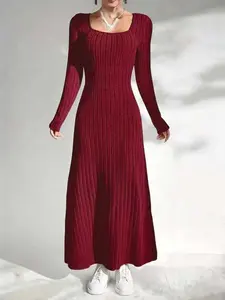 Elegant French Vintage Wine Knit Dress, Slimming Square Neck Long Winter Dress, Women's Fashion Fall & Winter, Fitted