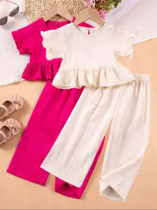 Toddler Girl's Solid Ruffle Trim Crop Top & Wide Leg Pants Gift Set, Cute Elegant Fashion Casual Round Neck Top & Trousers for Daily Outdoor Wear, Kids Clothing for Summer, Outfits