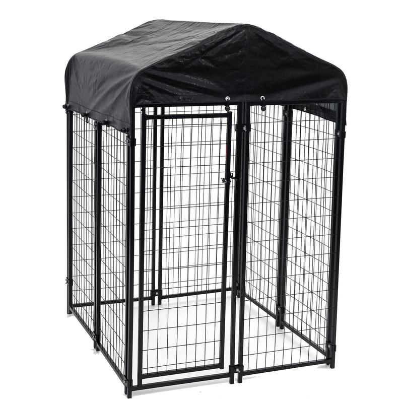 Lucky Dog Uptown Large Outdoor Covered Kennel Secure Fenced Pet Dog Crate, Black
