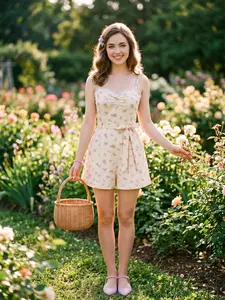 Beige 1940s Floral Suspender Romper