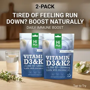 HiPlus 2-Pack Vitamin D3 and K2 10,000 IU + 200 mcg, Promotes Bone Health & Supports Daily Wellness, Premium High Dose Vitamin Supplement Infused with Pure Coconut Oil, 300 Softgels