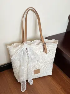 Fresh artistic style, gentle atmosphere, lace tote bag, simple and high-end, elegant and practical texture shoulder bag, can accommodate tablets, files, suitable for attending parties, dates, daily commuting, Casual Commuter Bag