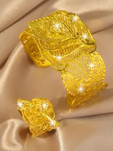 Elegant leaf bracelet and ring set, Unique leaf pattern, adjustable open design jewelry, copper plated 24k gold, perfect gift for Valentine's Day and weddings, daily wear