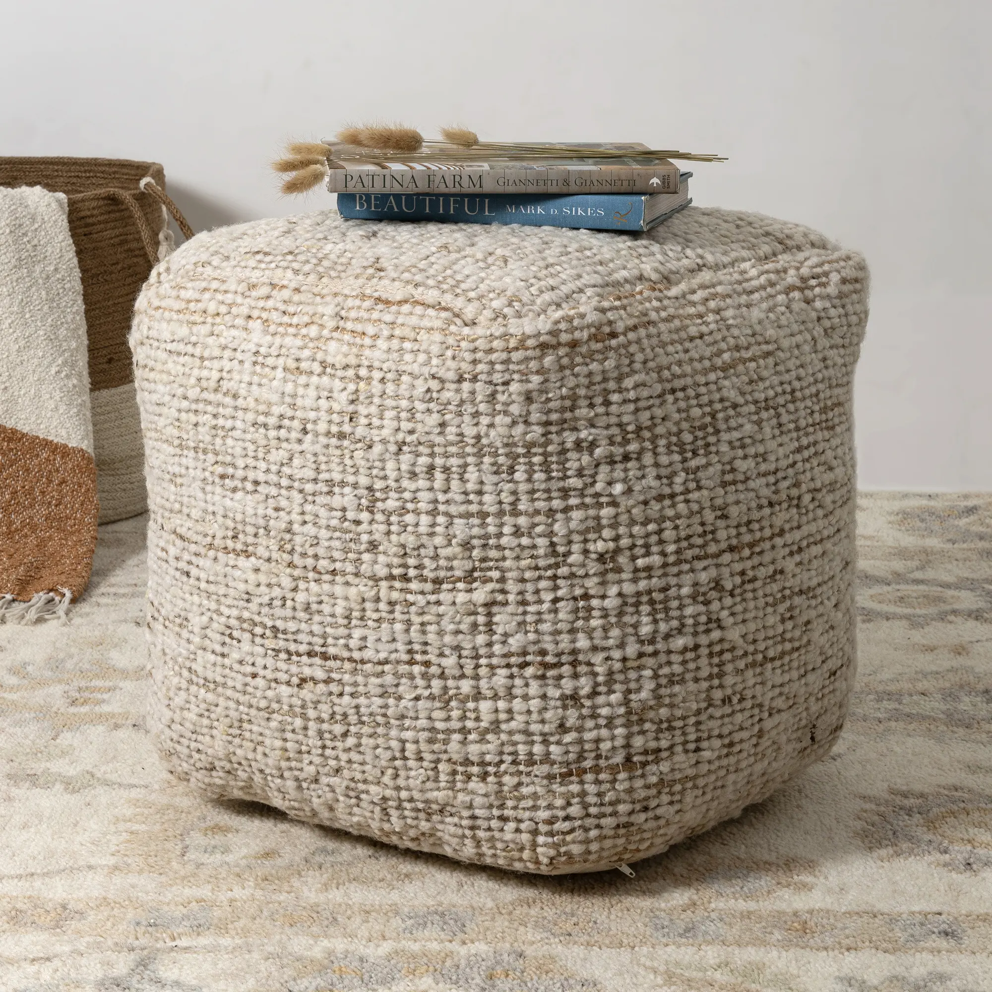 Adriel Handmade Farmhouse Striped Square Indoor Medium Pouf Ottoman (Brown, Blue, Green)