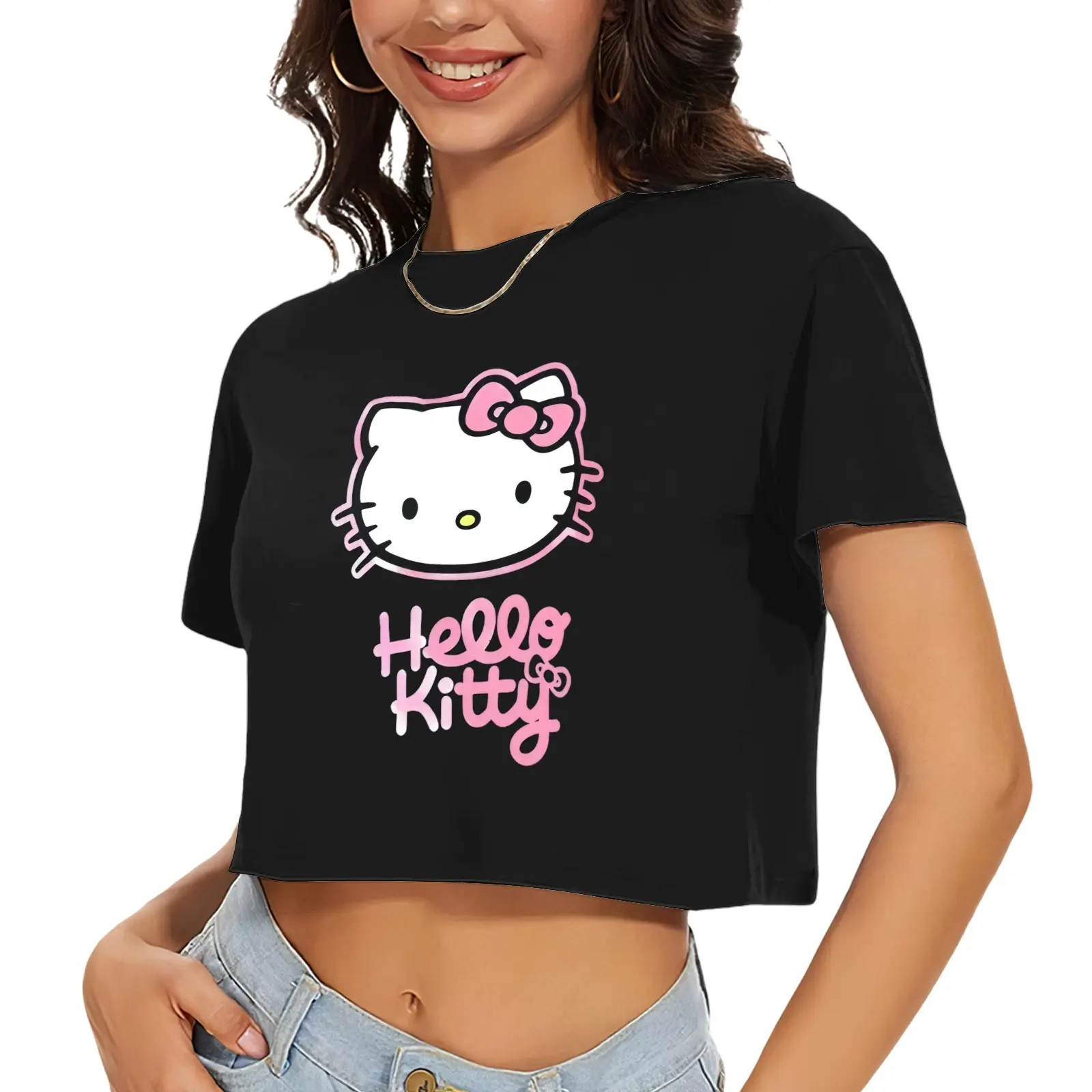 Sanrio Hello Kitty Belly Button Short-Sleeve Tee for Women Black Crop Top with Pink Bow Design Comfortable Casual Wear