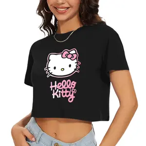 Sanrio Hello Kitty Belly Button Short-Sleeve Tee for Women Black Crop Top with Pink Bow Design Comfortable Casual Wear