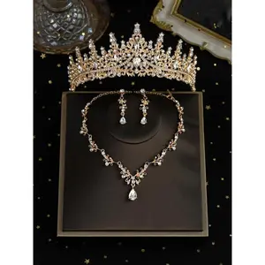 4pcs/set Women's Elegant Rhinestone Decorated Crown & Earrings & Pendant Necklace, Wedding Bridal Jewelry Set, Luxury Wedding Crown, Fashion Jewelry for Party, Daily Clothing Decor for Girl(Sheet)