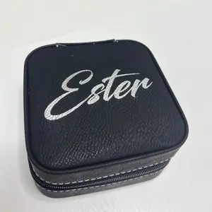 Custom Black Leather Jewelry Case with name engraved in sliver Boxes Gift