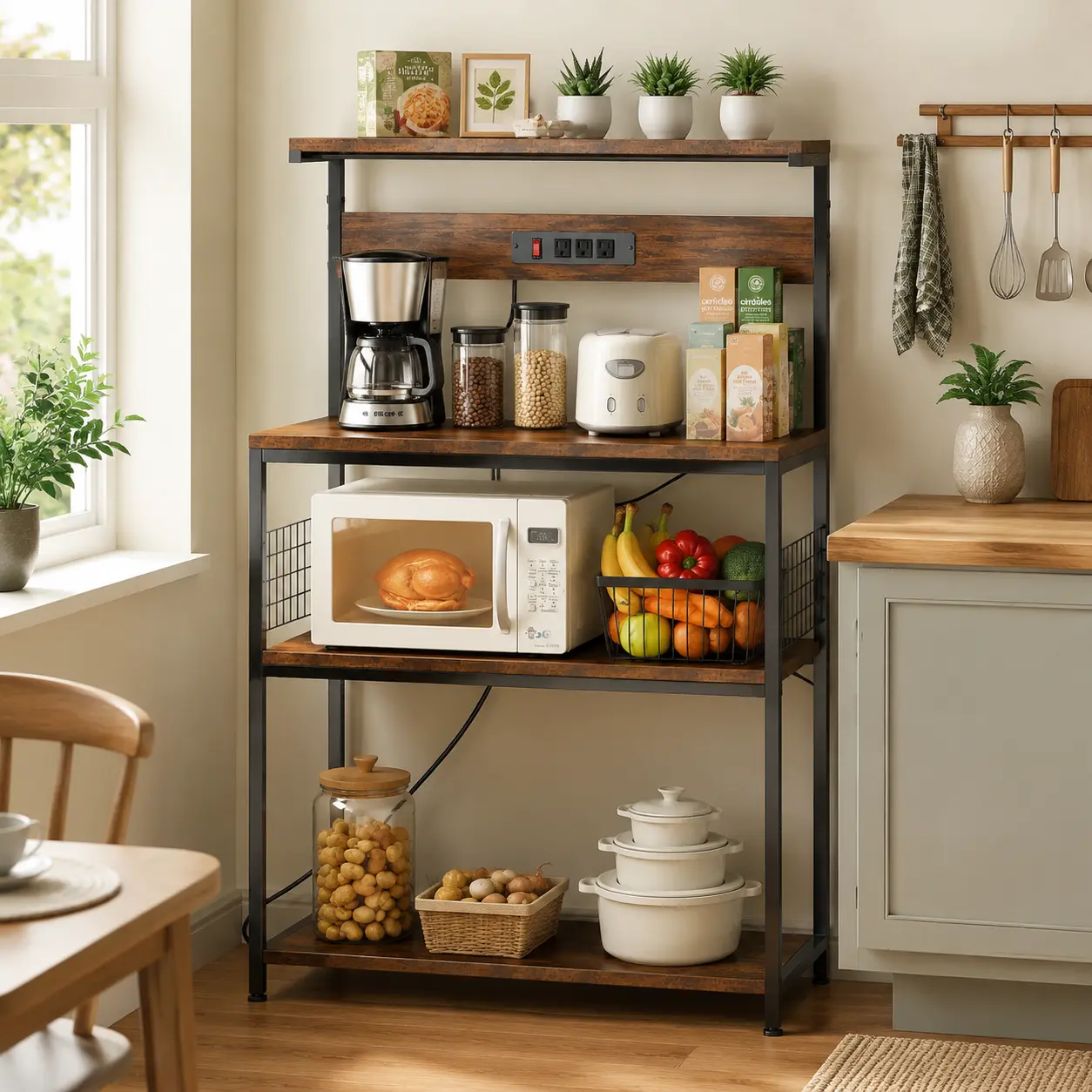 Kitchen Baker's Rack with Power Outlet, 4-Tier Microwave Oven Stand with Side Mesh Storage Baskets, Adjustable Shelves and Anti-Tip Device