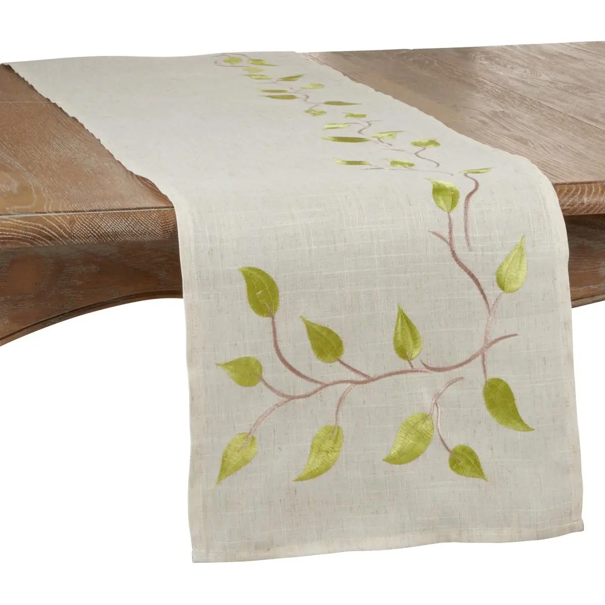 SARO Oblong Home Kitchen Table Runner, 16x72 in, with Natural Look and Embroidered Vine Detail