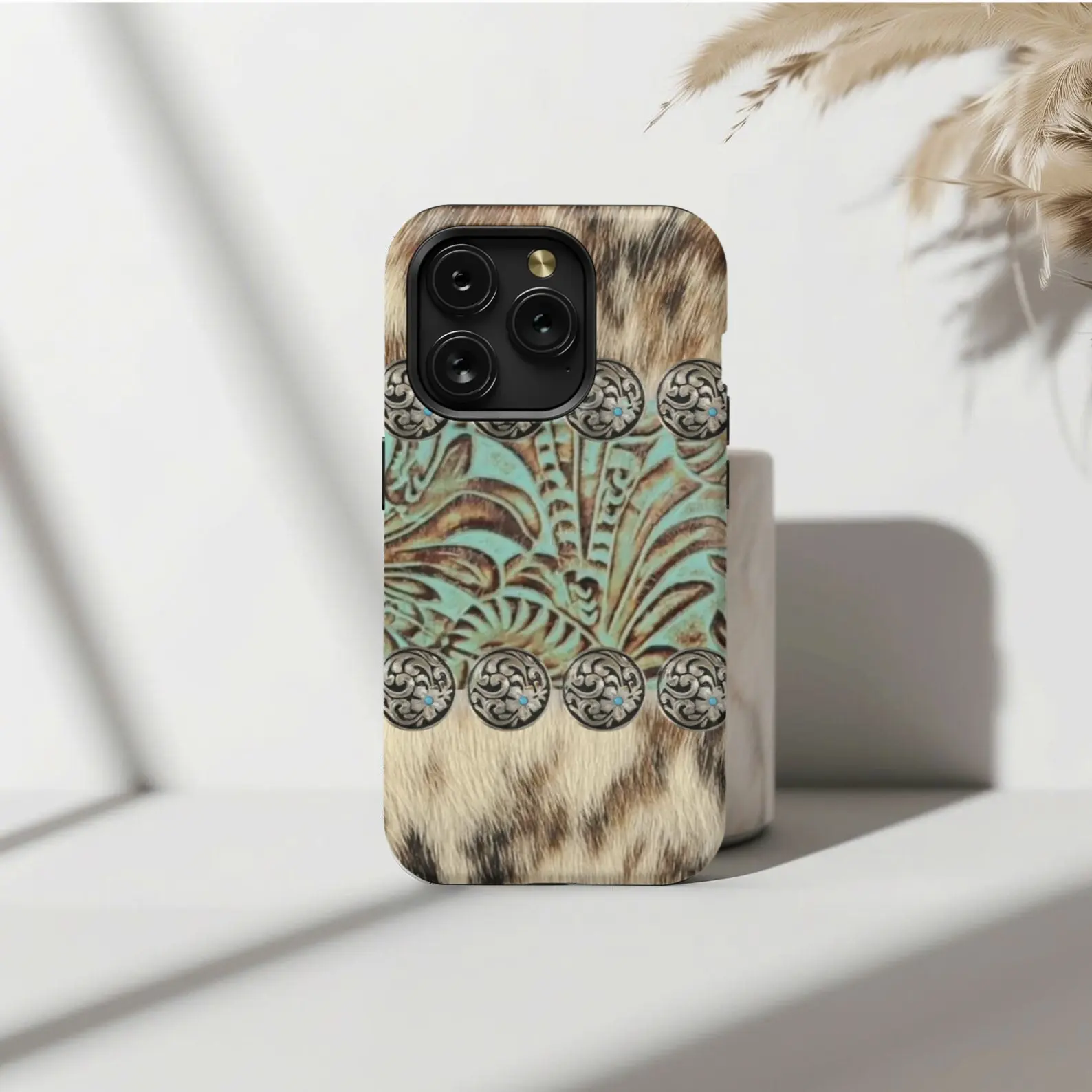Punchy Western Cowhide & Turquoise Tooled Leather Concho Smartphone Casing - Cellphone Cover for iPhone 17,16,15,14,13,12,11 Pro Max,Plus,X,XR,XS & Samsung Galaxy S25 Mobile Phone Accessories