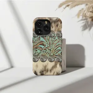 Punchy Western Cowhide & Turquoise Tooled Leather Concho Case for IP Phone 17 16, 15, 14, 13, 12, 11 Pro Max, Plus, X, XR, XS Compatible with Samsung Galaxy S25