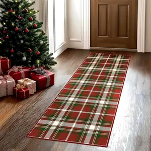 Christmas Decor Plaid Print Carpet, Foldable Washable Soft Multifunctional Decorative Rug for Living Room Bedroom Hallway Kitchen, Casual Style Home Mat