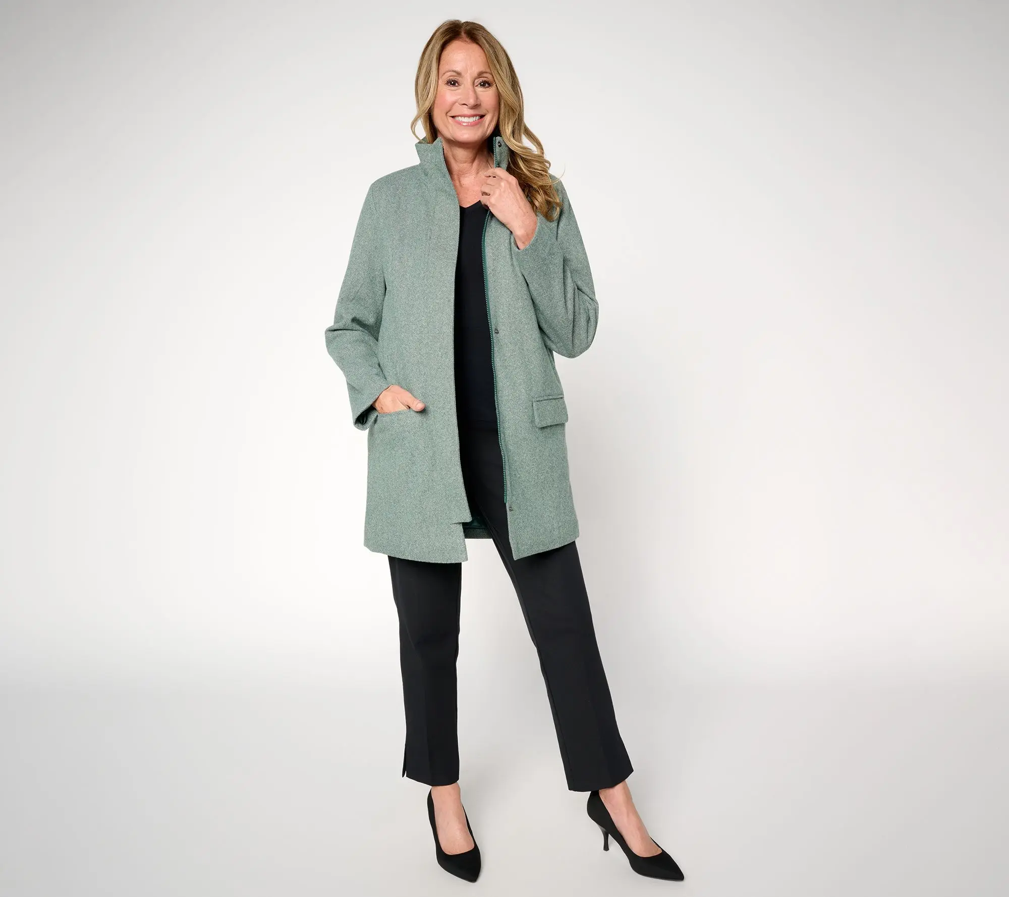Susan Graver Herringbone Duffle Coat with Quilted Lining
