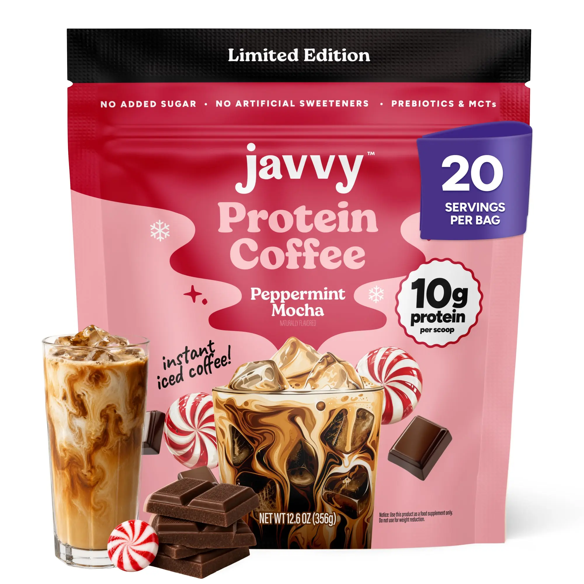 Javvy Limited Edition Peppermint Mocha Protein Iced Coffee - Premium Whey Protein & Instant Iced Coffees - 100% Natural Cold Brew - Zero Artificial Flavors & Sweeteners, 80 mg Caffeine, No Added Sugar, 20 Servings