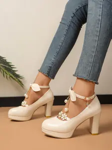 Sweet High Heel Shoes, Thick Sole Women's Shoes, Bowknot 2026 New Design, Round Toe Waterproof Platform, One-Strap Low Cut, Perfect for Parties and Weddings, Platform Heel Pumps