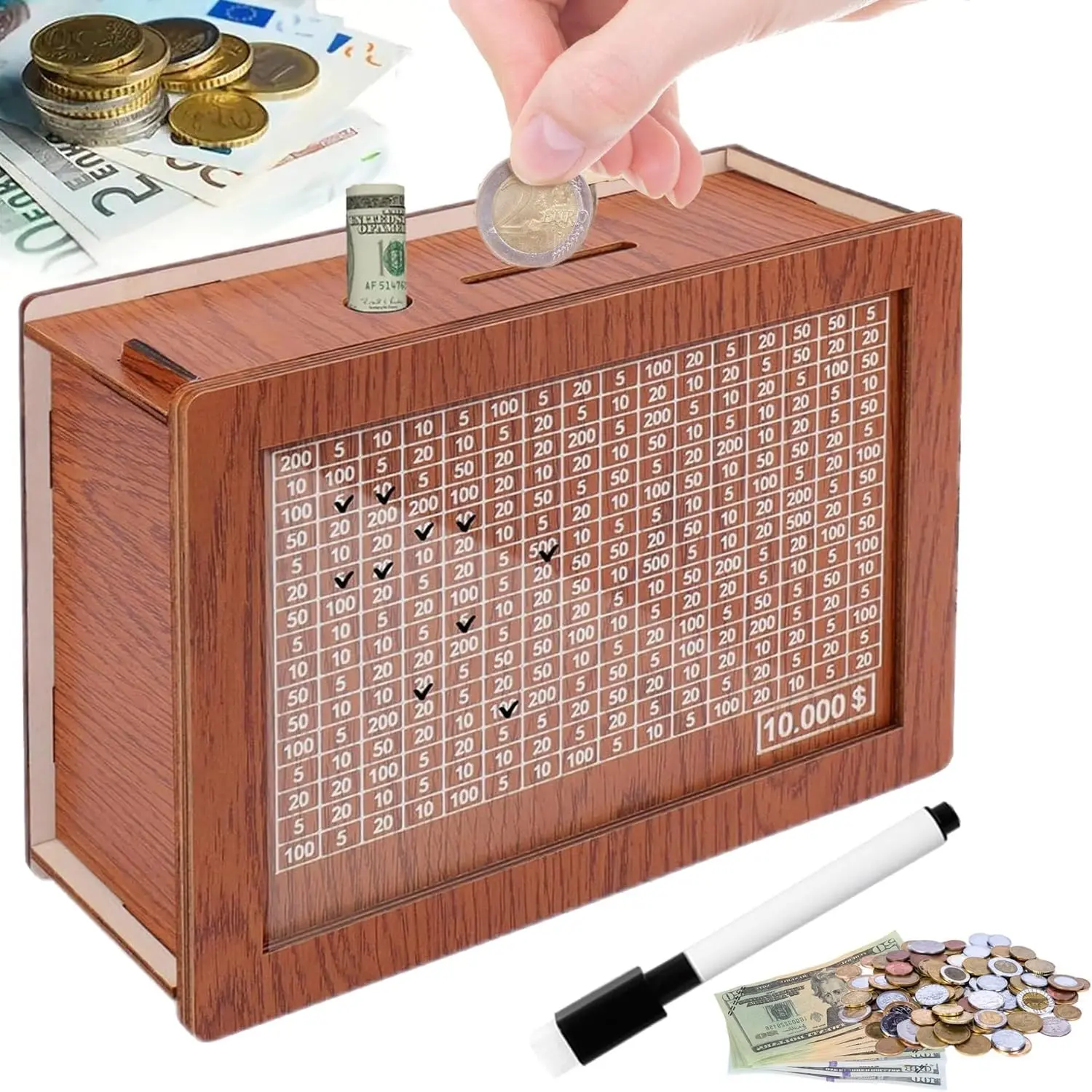 Durable and Beautiful Wooden Cash Vault Piggy Bank with Counting Target, Decorative Cash Coin Storage Container, Home Decor Supplies - Father’s Day Gift Idea