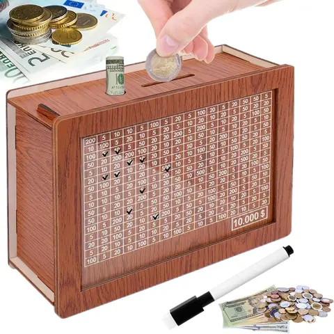 Solid Wood Counting Cash Vault Piggy Bank - Acrylic Figure, Boxwood Body, Easy Install, Decoration for Living Room-Dormitory, Durable Father's Day Gift with Printed Numbers, Home Storage Supply