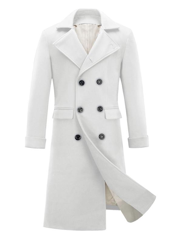 INVACHI Men's Long Sleeve Solid Color Woven Long Trench Coat - Notched Collar Collared Coats, Double-Breasted Button Casual Style Outerwear with Pockets