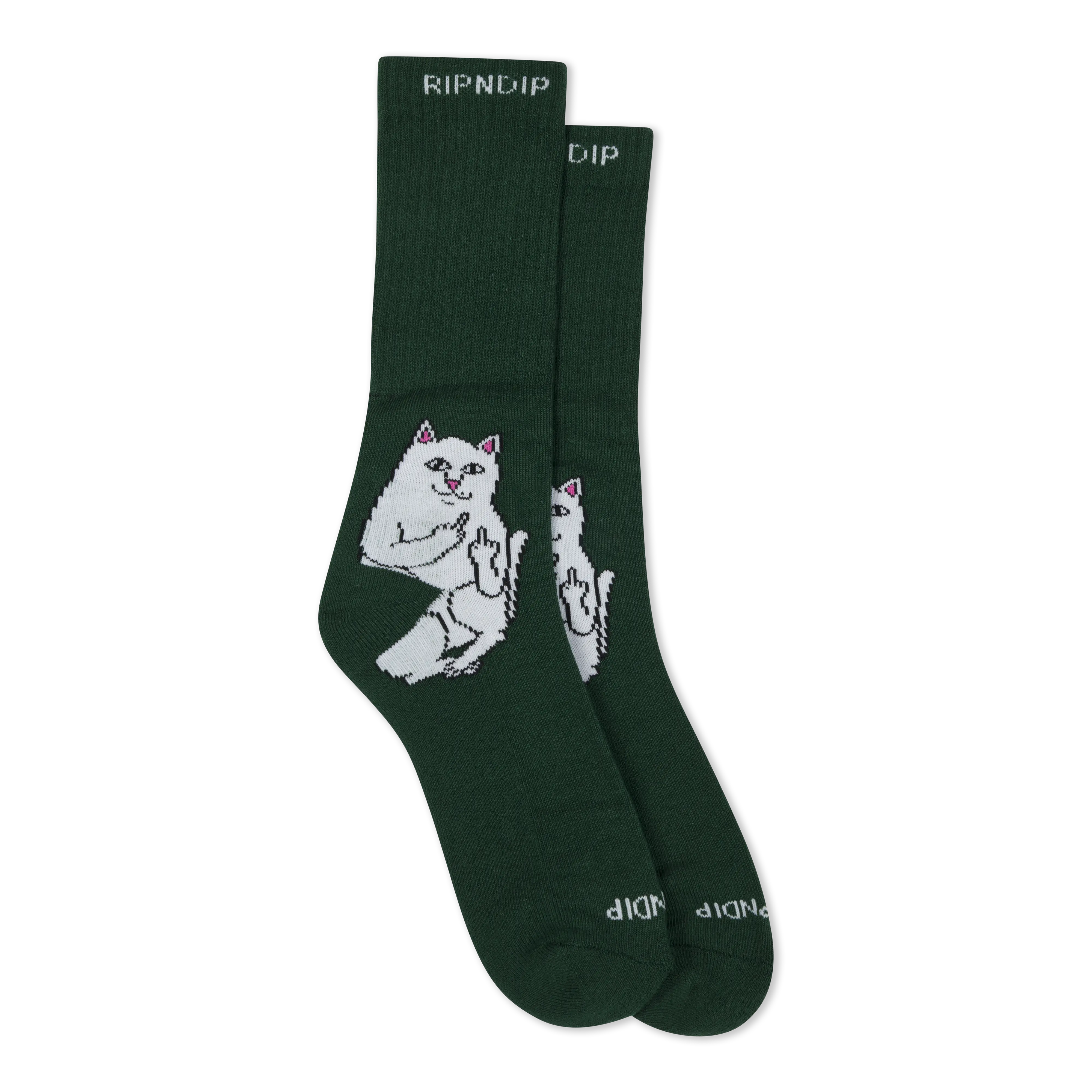 Men's Hunter Green Crew Socks with Funny Cat Graphic, Casual All-Season Cotton-Polyester Blend for Menswear, All Seasons, Breathable Cotton Socks, Casual Soft Socks