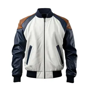 Men's Bomber jacket Real White/Navy Leather Baseball Collar Rib Knit Genuine Leather Bomber Jacket by Hide Crafts