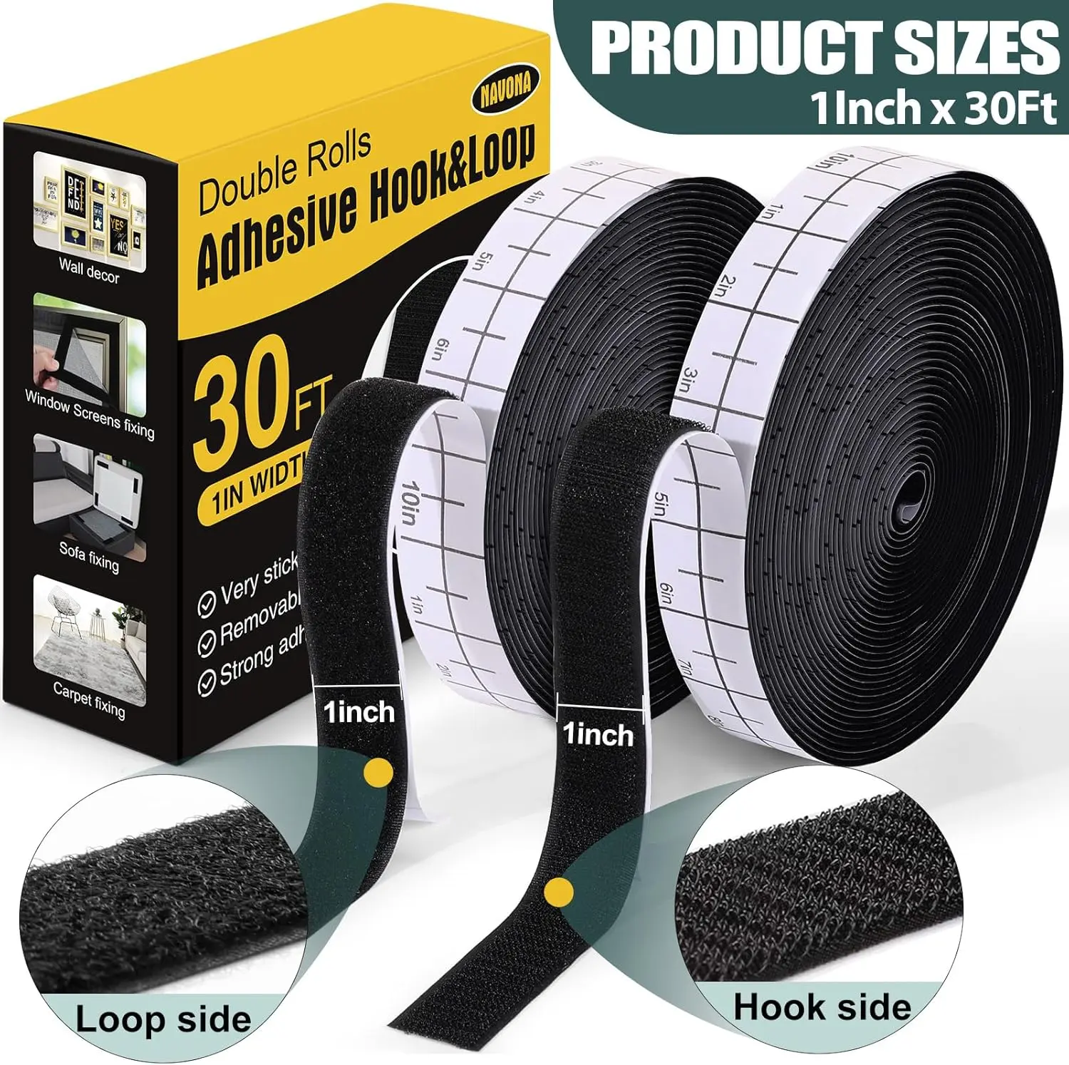 30 Ft×2 Inches Hook and Loop Tape, Strong Viscosity Adhesive Back Arbitrary Cutting, Sticky for Fabrics Nylon Self Adhesive Tape for Home Office School and Crafting, Reuse 2 Rolls Black