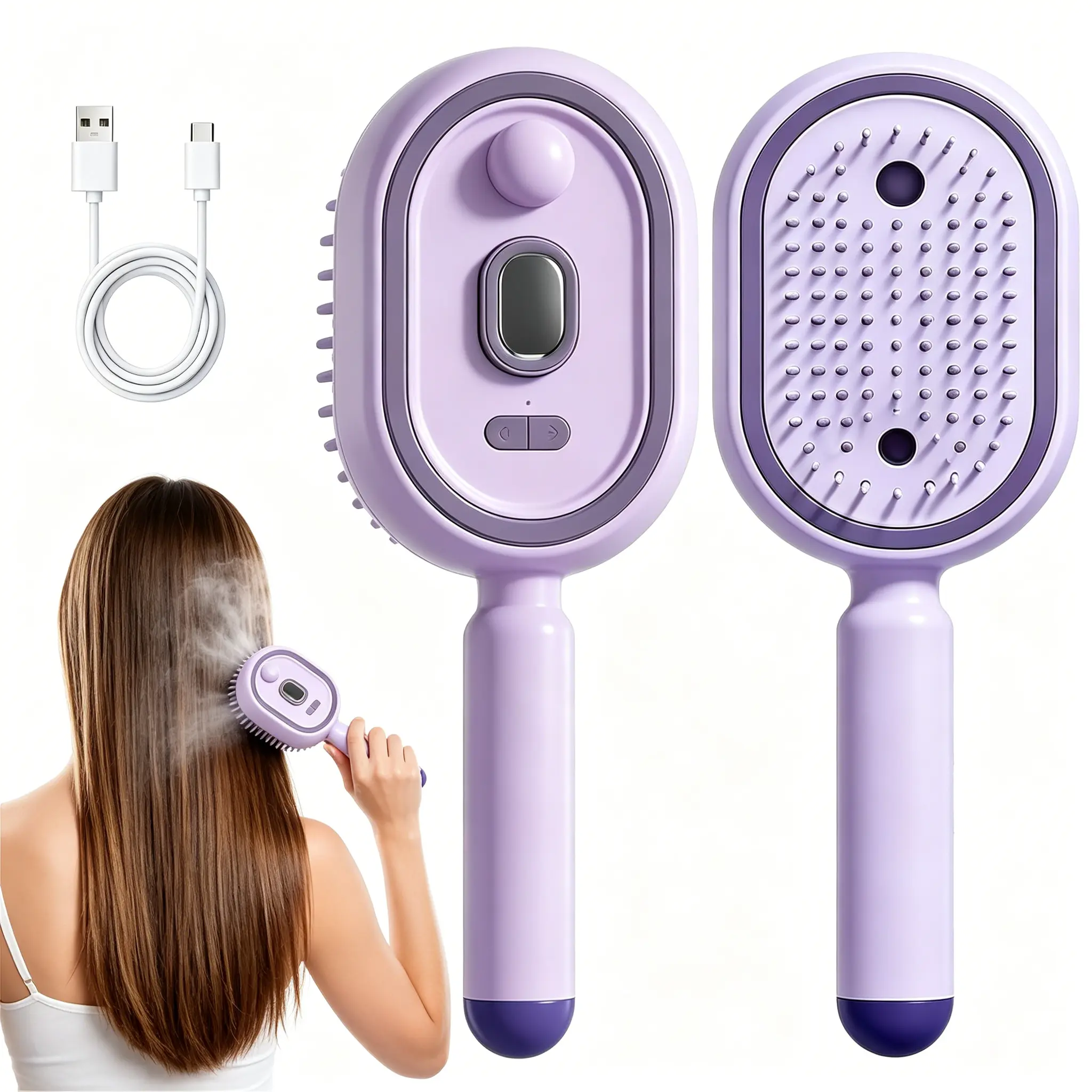 All in One Electric Spray Air Cushion Massage Comb & Hair Brush, Misting Aqua Detangler Brush for Frizzy Hair Care, Self-Clean, Scalp Oil Applicator for Home & Travel Use