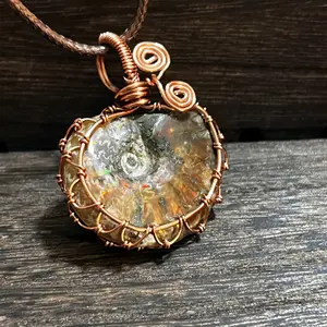 Handmade Natural Opalized Wire Wrapped Iridescent Ammonite Pendant Red Fire Flash