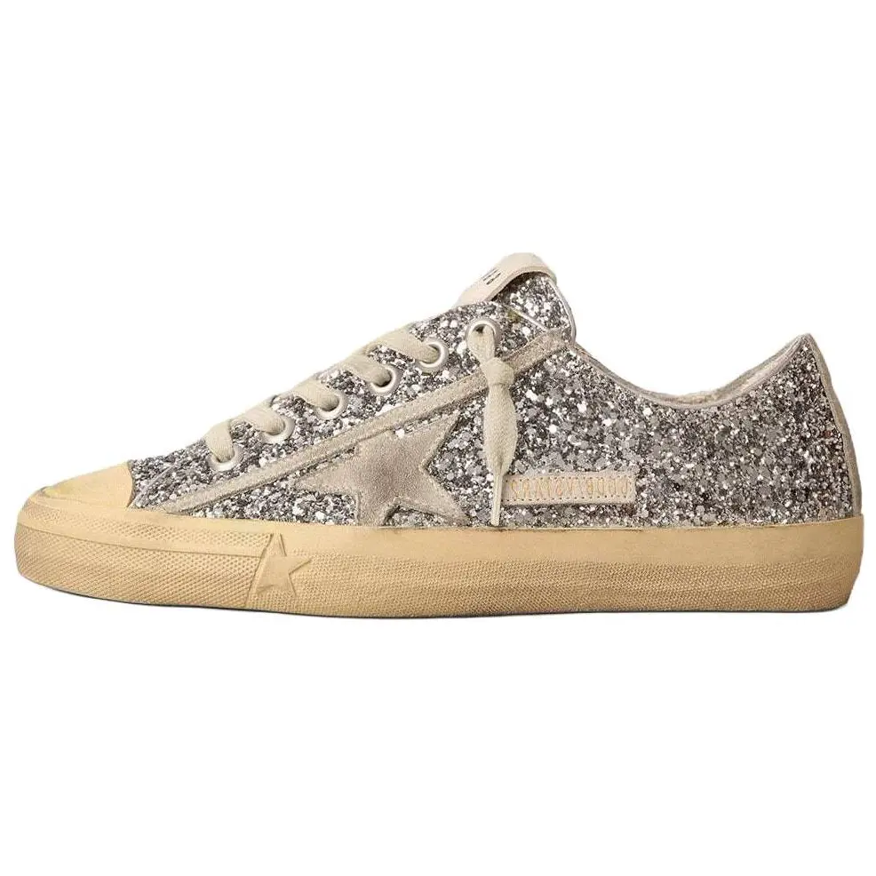 Women's Golden Goose V-Star Low-Top Lace-Up Casual Sneakers - Silver Distressed Finish, House White Official Shoes with Rubber Accents, Maison Mihara Verifiable Credentials & Global Authentication Trainer Footwear