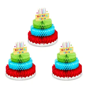 3-Pack Multicolor Honeycomb Birthday Cake Centerpieces, Table Decor for Party Celebrations