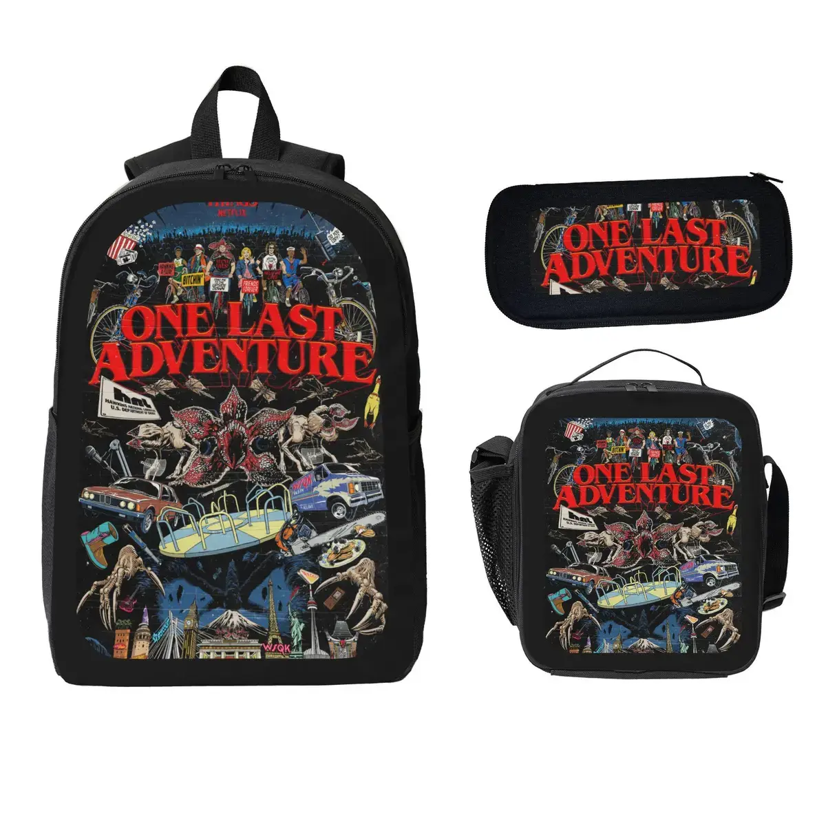 Stranger Things Ultimate Adventure Theme Teen 3-Piece Retro Sci-Fi Set - Black Backpack, Pencil Case, Lunch Bag - Netflix Collaboration Stationery & Carry Essentials, 3 Pieces, Scifi