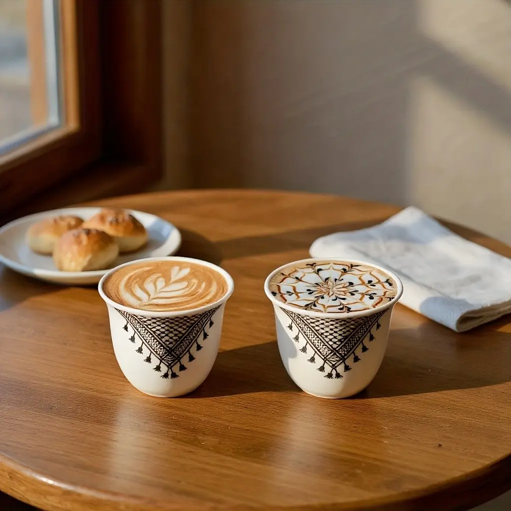 Turkish Ceramic Cups Complete Set for Tea, Espresso, Beverage, Vintage Middle Eastern Coffee Cups with Headscarf Pattern Design, Arabic Fancy Drinkware Style for Parties Home Decor and Kitchen Display, Ceramic Tea Cup Set for Coffee Lovers