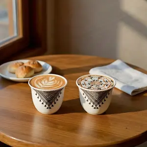 6pcs Turkish Ceramic Cups Complete Set for Tea and Espresso, Vintage Middle Eastern Coffee Cups with Headscarf Pattern Design, Arabic Fancy Drinkware Style for Parties Home Decor and Aesthetic Kitchen Display, Elegant Ceramic Tea Cup Set for Coffee Lovers