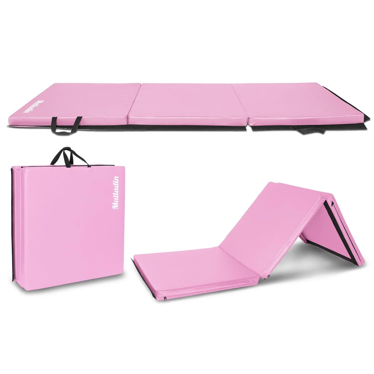 6' Folding Tri-fold Gymnastics Gym Exercise Aerobics Mat, 6ft x 2ft x 2in PU Leather Tumbling Mats with Hook & Loop Fastener for Stretching Yoga Cheerleading Martial Arts