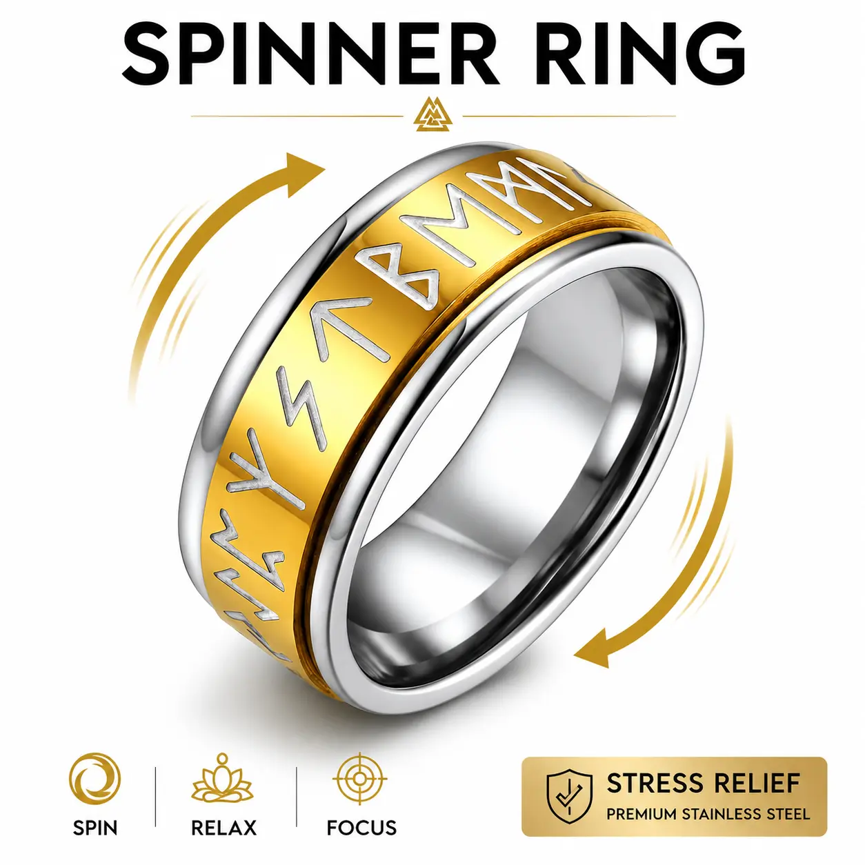FaithHeart Viking Norse Rune Anxiety Ring - Unisex 2.7mm Stainless Steel Adult Male Ring, Cuban Link Chain Compatible Anti-Stress Jewelry, Adults, 9.5G, Smoothy, 9Mm Fidget-Black, Yes