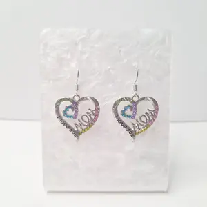#413 "I Love You Mom" Heart with Multiple Color Rhinestones Earrings, Casual Mom Mother's Day Jewelry