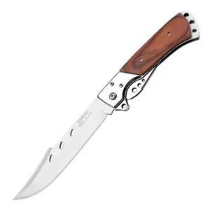 [Father's Day Top Gift] Wood Handle Skinner Folding Pocket Knife - Polished Stainless Steel Curved Blade EDC Utility Cutting Tool with Quick-Open Tab, Lightweight for Outdoor Camping Hunting