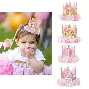 Glitter Baby Girl 1st Birthday Crown, Floral Party Hat, Cake Smash Accessory, Princess Theme, Photo Prop, Milestone Birthday Headband