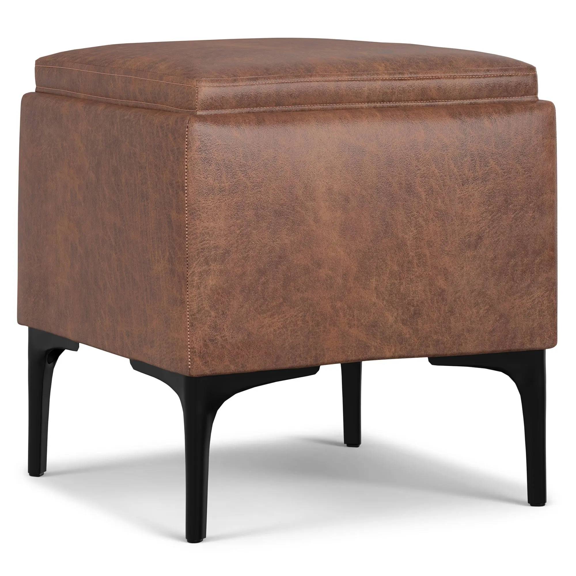 Natasha Square Multifunctional Stool - Distressed Vegan Leather Storage Ottoman with Tray