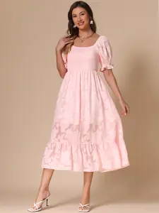 INSPIRE CHIC Women's Short Puff Sleeve Smocked Floral Textured Square Neck Flowy Tiered Summer Midi Dresses Light Pink