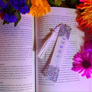 Moon Phases Resin Bookmark with Silver Glitter and Tassel