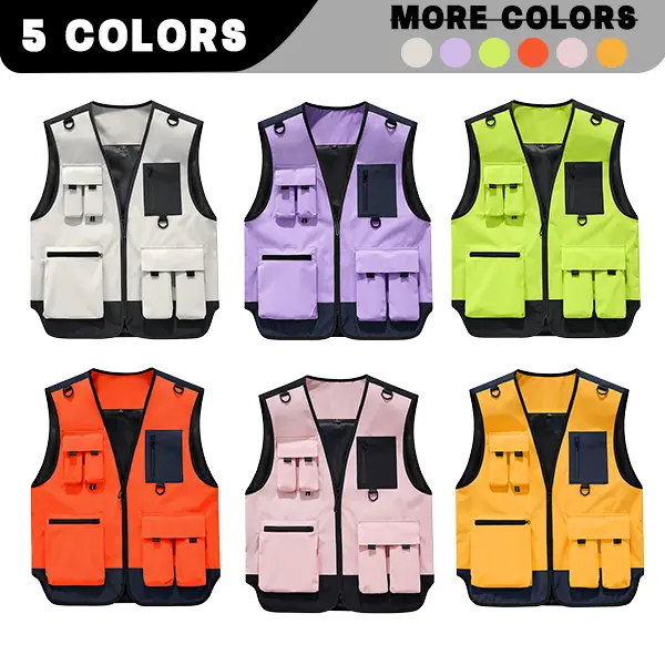 Functional work vest available in 5 colors, lightweight for summer with a color-block design and multiple pockets, sleeveless, suitable for outdoor photography