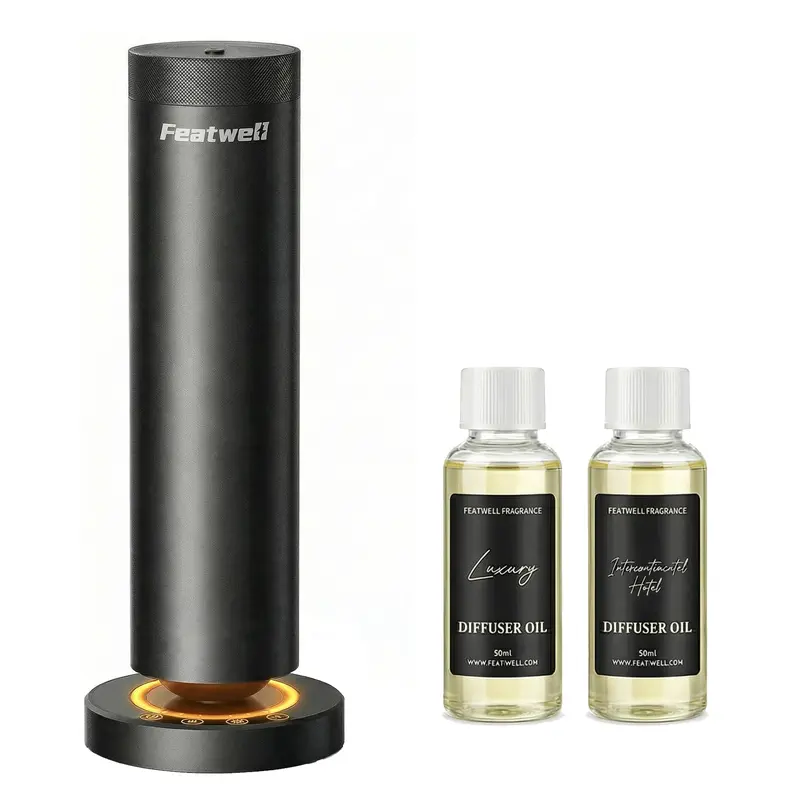 Featwell Luxury Aluminum Waterless Diffuser - 100ML Scented Essential Oils, 1000sqft Reach, Silent Adjustable Fragrance Mist, Tire Scent, Night Lights, Touchscreen, USB-C Charger, Remote Adjust, Black Herbal Humidifier for Home