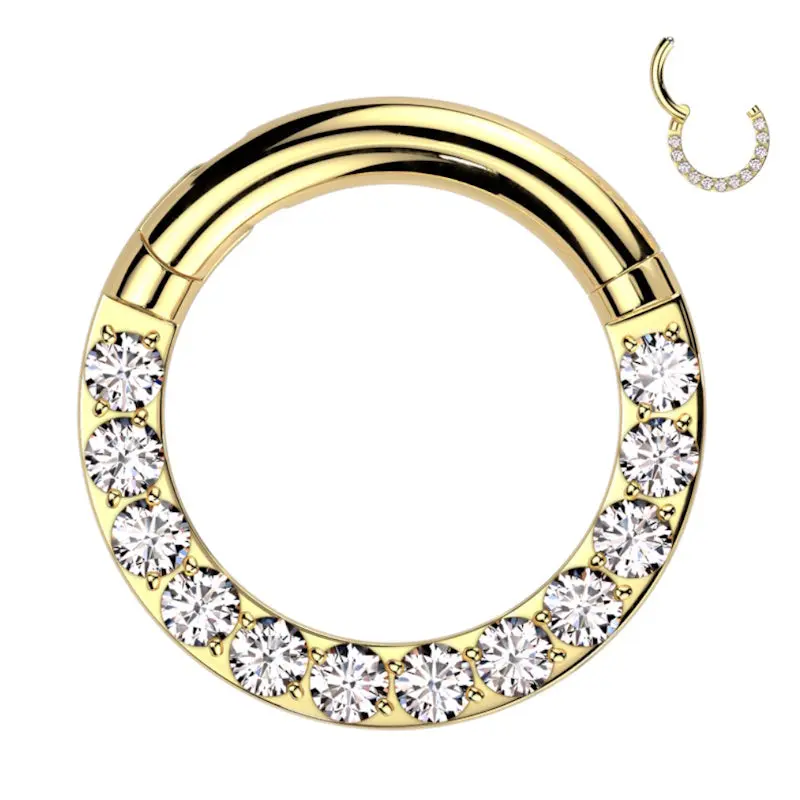 ASTM F136 Titanium Gold Finish 12 Gauge Hinged Segment Septum Ring With Cubic Zirconia