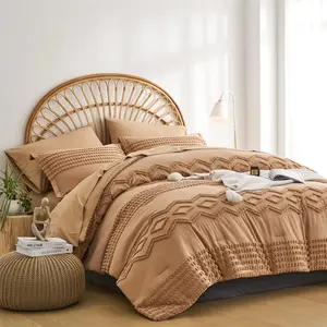 Khaki Tufted Comforter Set Full Size 7 Piece Bed in a Bag, Boho Comforter and Sheet Set, Pom Pom Textured Bed Set, All Season Soft Microfiber Complete Bedding Set(Khaki,Full)