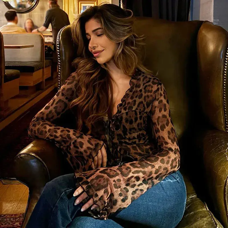 Women's Blouse, Sexy Sheer Leopard Print Tie-Front Top with Frill Trim, Comfortable Long Sleeve for Spring & Fall Casual Wear, Style, Fits, Shirts, Tee, Outdoors, Full Sleeves, Leopard（1）, Longsleeves, Sheer Blouse, Frill Flounce, Elastane, Mid-Length, Bo