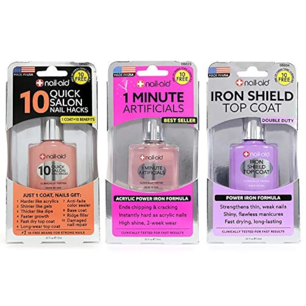 3pk Of 10 Quick Hacks + 1 Minute Artificials + Iron Shield Top Coat, Clear, N/A, 1.65 Fl Ounce