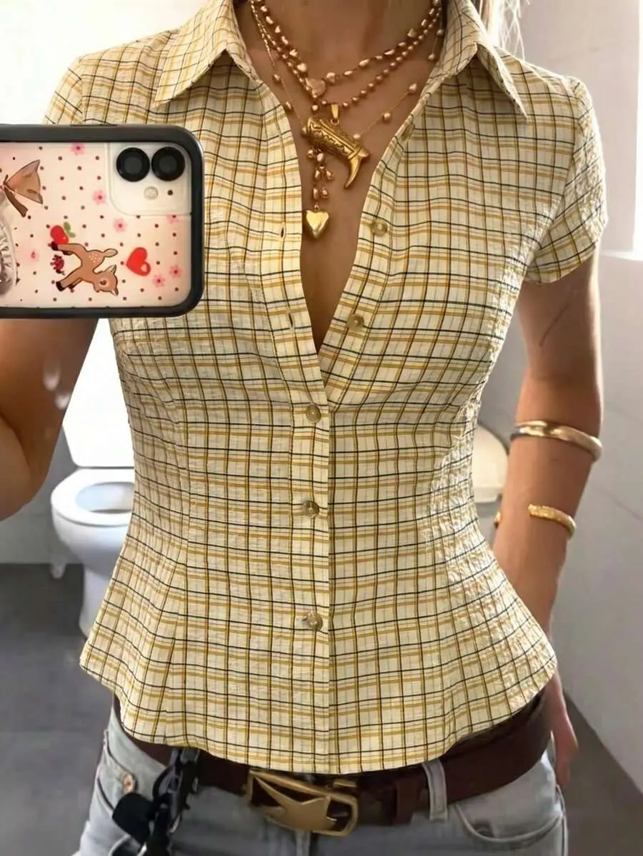 Women's Plaid Collar Single-Breasted Casual Versatile Daily Commute Short Sleeve Shirt
